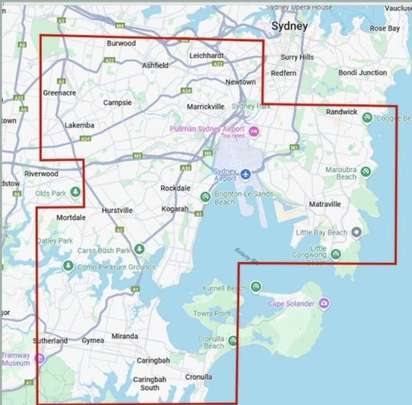 The Woofy Inn pick-up and drop-off service area across southern and inner Sydney